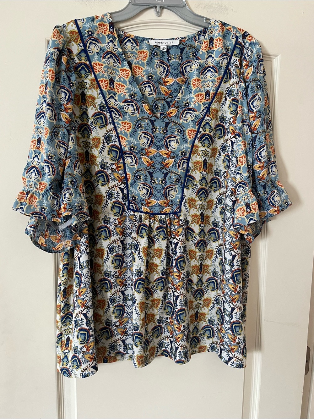 Rose & Olive Blue Floral Boho V-Neck Peasant Blouse Short Sleeve Women’s Size 2X